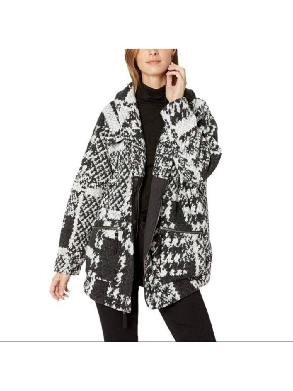 Prana Sakari Jacket Wool Sherpa Lined Shacket Coat Black White Herringbone L - Picture 1 of 12